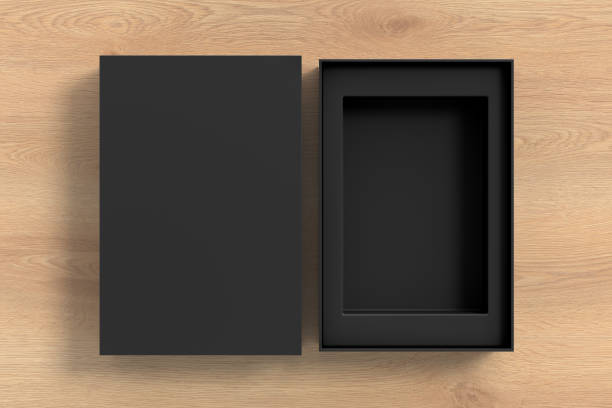istock Open black box packaging mockup on wooden background. Template for your design 1471385479