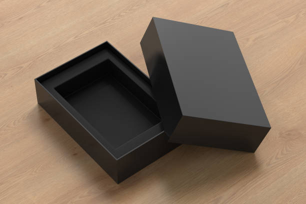 istock Open black box packaging mockup on wooden background. Template for your design 1471385843