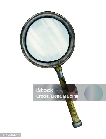 istock Watercolor old vintage magnifying glass, loupe with metallic handle. Hand drawn illustrations of magnifier 1471386640