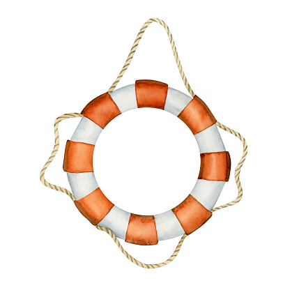Watercolor life preserver or life-ring, hanging on rope. Nautical lifebuoy with red white stripes illustration isolated on white background