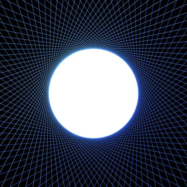 Vector illustration of Blue lines rotating and touching white sphere, copy space in middle.