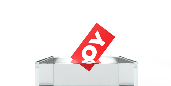 2023 Turkey Presidential and Parliamentary elections concept: OY Turkish word for vote on red envelop in glass ballot box on white background. Copy space and clipping path features for easy edit and use as banner, label or badge. Political 3D render national illustration design.