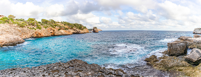 Cliffs, beaches and coves in the south of the island of Mallocar in the Balearic Islands in Spain. Mediterranean coast