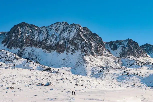 Travel to Andorra: panoramic view of the mountain peak, Grand Valira, Pyrenees mountains.