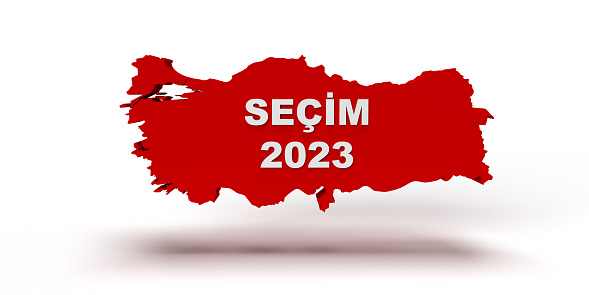 2023 Turkey Presidential and Parliamentary elections concept: SECIM 2023 text for on red Turkish map background. Copy space and clipping path features for easy edit and use as banner, label or badge. Political 3D render national illustration design.