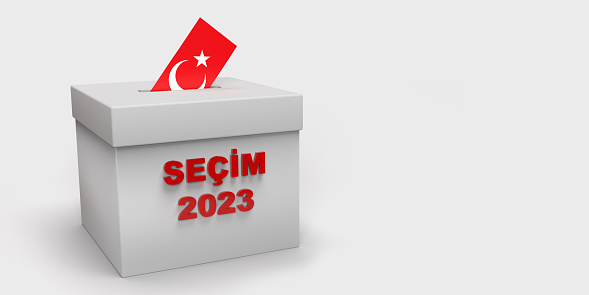 2023 Turkey Presidential and Parliamentary elections concept: Turkish flag vote envelop in SECIM 2023 text ballot box on white background. Copy space and clipping path features for easy edit and use as banner, label or badge. Political 3D render national illustration design.