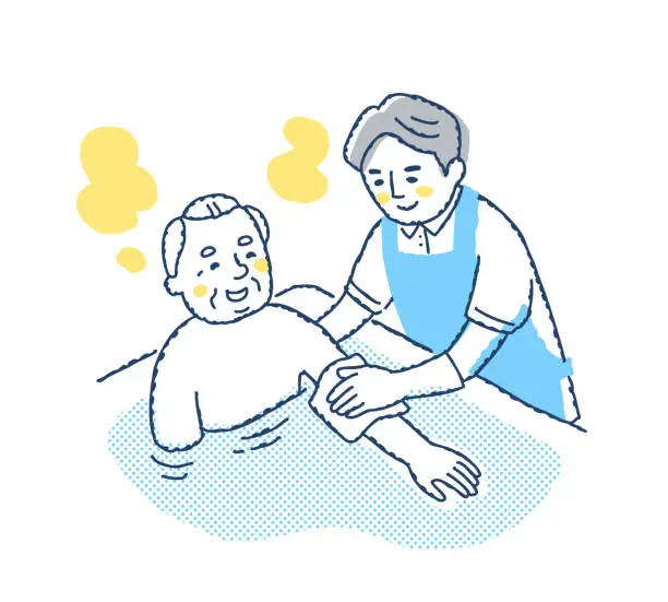 Vector illustration of Nursing staff assisting senior men in bathing