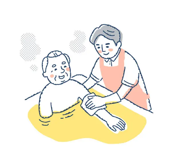 Vector illustration of Nursing staff assisting senior men in bathing