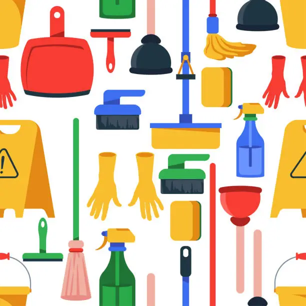 Vector illustration of Cleaning tools vector cartoon seamless pattern background for wallpaper, wrapping, packing, and backdrop.