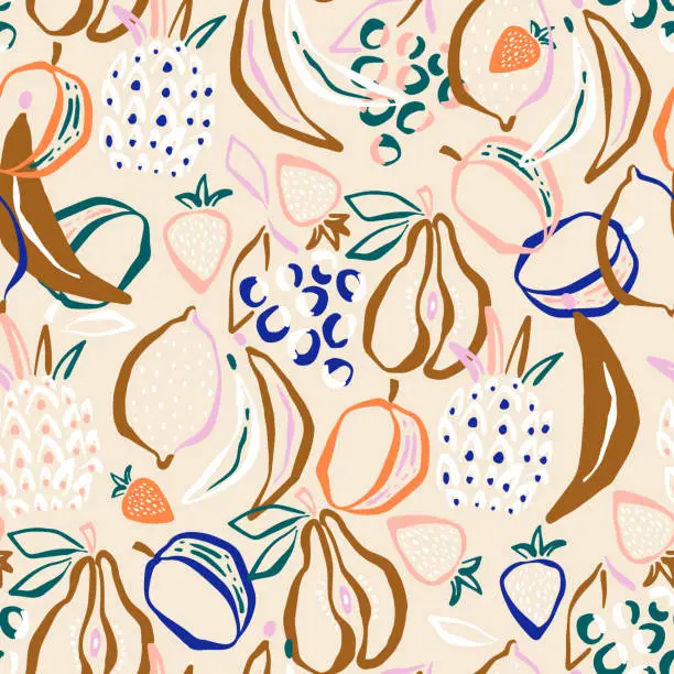 Vector illustration of Seamless summer pattern with hand drawn fruits. Modern fruit background. Vector illustration