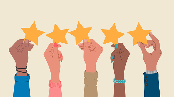 Group of hands holding a five stars rating. Concept of customers review and positive feedback. Hand drawn vector illustration isolated on light background. Modern flat cartoon style.