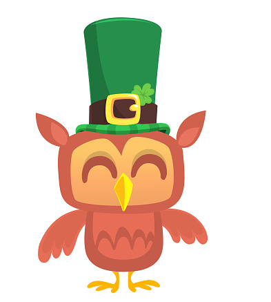 Cartoon funny owl wearing green St Patrick's hat with a clover on it. Vector illustration for Saint Patrick's Day. Party poster design