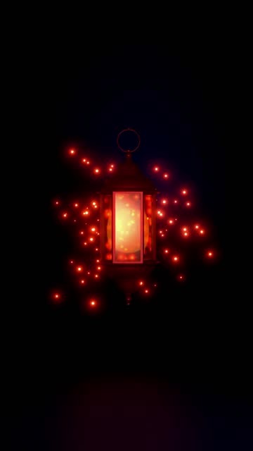 Vertical Ramadan Kareem Greeting Card Design with Lanterns Hanging Against Blue Background in 4K Resolution