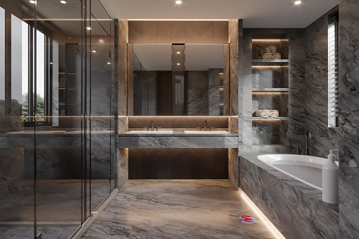 Interior Of  Modern  Bathroom With Shower Area ,Bathtub ,Mirror And  Other Personal Accessories.