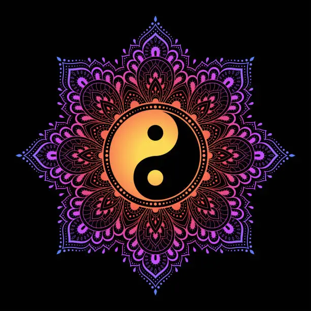 Vector illustration of Color Circular pattern in form of mandala with ancient hand drawn symbol Yin-yang for decoration. Decorative ornament in oriental style. Rainbow design on black background.