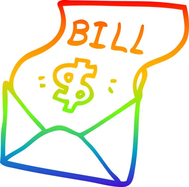 Vector illustration of rainbow gradient line drawing of a cartoon bill in envelope