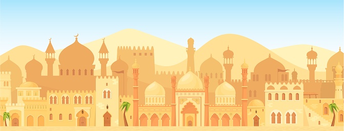 Arabic city view. Old islamic castle cityscape panorama, muslim city oman morocco marrakech saudi cities background, ancient mosque houses silhouette, neat vector illustration of old city islamic town