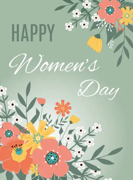 Vector illustration of Happy Womens Day.Flowers and leaves on green background.