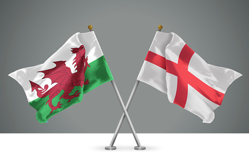 3D illustration of Two Wavy Crossed Flags of Wales and England, Sign of Welsh and English Relationships
