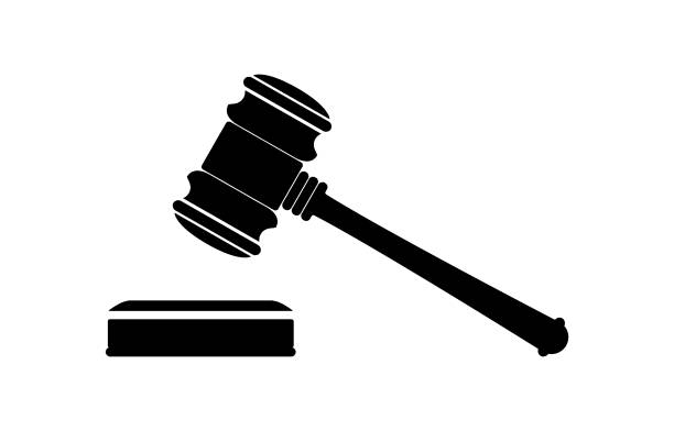 Judge wooden black gavel icon with a stand. Hammer justice symbol Judge wooden black gavel icon with a stand. Hammer justice symbol. Concept of adjudication of sentences and bills, court, justice, auction. Vector illustration gavel stock illustrations