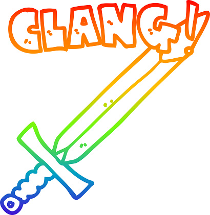 rainbow gradient line drawing of a cartoon clanging sword