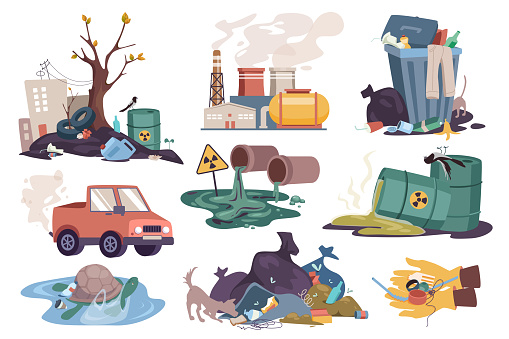 Environmental pollution set graphic elements in flat design. Bundle of dump garbage, factory emissions, dumpster, car exhaust, toxic waste in barrels and other. Vector illustration isolated objects