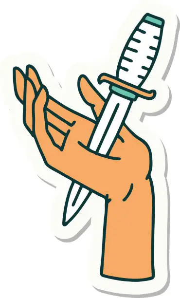 Vector illustration of sticker of tattoo in traditional style of a dagger in the hand