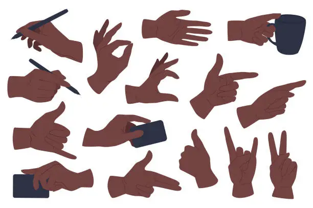 Vector illustration of Hands gestures set graphic elements in flat design. Bundle of African American hands writing, holding cup, pointing, showing ok, like, rock, victory and other. Vector illustration isolated objects