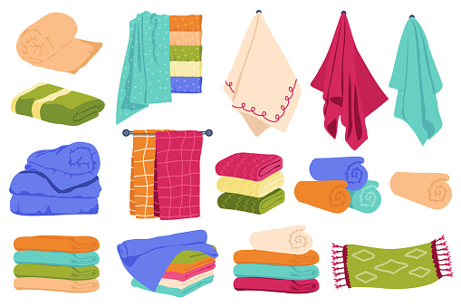 Towels set graphic elements in flat design. Bundle of colored towels and napkins of various shapes, rolled up, lying in pile, hanging on bathroom or kitchen wall. Vector illustration isolated objects