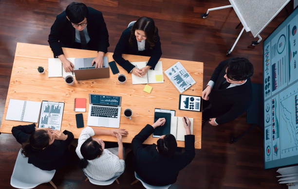 istock Top view business presentation at harmony conference room with colleagues. 1471405784