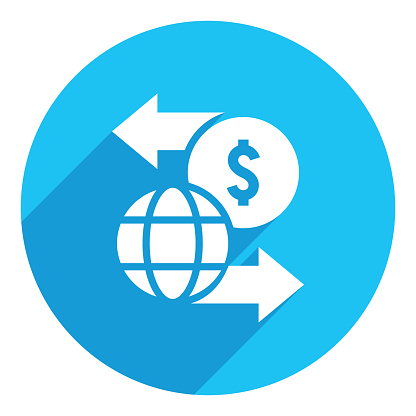 Dollar currency concept with sphere symbol. flat icon. long shadow design. blue background.