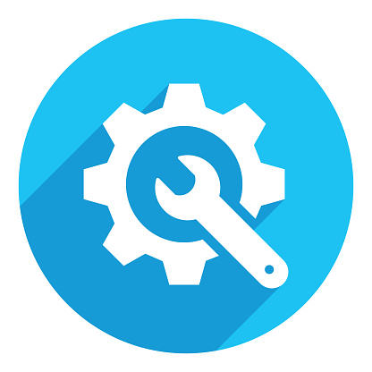Gear and wrench. flat icon. long shadow design. blue background.