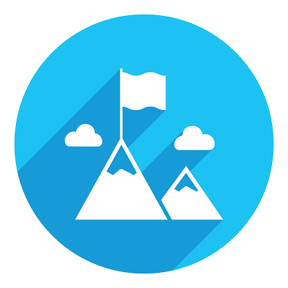 Moutain peak with flag. flat icon. long shadow design. blue background.