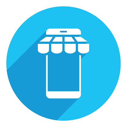 Smart phone symbol. online marketing concept. flat icon. long shadow design. blue background.
