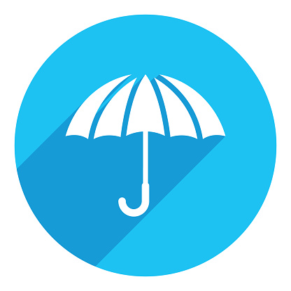 Umbrella flat icon. long shadow design. blue background.