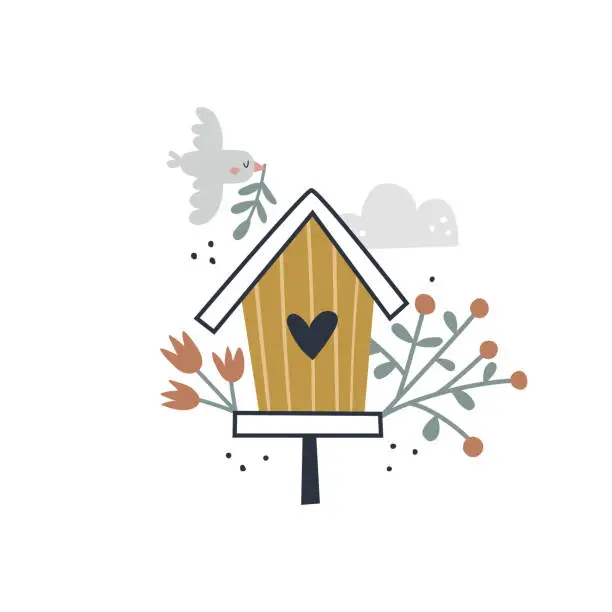 Vector illustration of vector cute image of birdhouse and dove