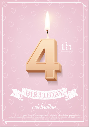 Burning number 4 birthday candle with vintage ribbon and birthday celebration text on textured pink background in postcard format. Vector vertical four birthday invitation template.