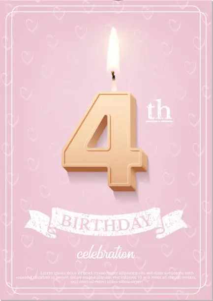 Vector illustration of Burning number 4 birthday candle with vintage ribbon and birthday celebration text on textured pink background in postcard format. Vector vertical four birthday invitation template