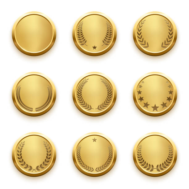 ilustrações de stock, clip art, desenhos animados e ícones de gold round winner medals with laurel wreath and stars silhouettes set vector illustration. realistic 3d circle golden medallions for champion, anniversary or jubilee celebration isolated on white - banner anniversary vector button