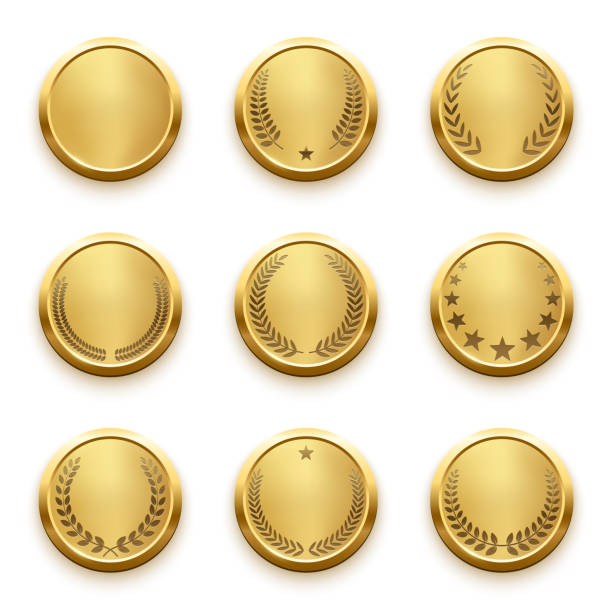 istock Gold round winner medals with laurel wreath and stars silhouettes set vector illustration. Realistic 3d circle golden medallions for champion, anniversary or jubilee celebration isolated on white 1471410167