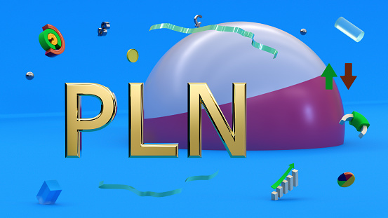 Gilded letters PLN against the background of a fragment of the flag of Poland, abstract multi-colored shapes, arrows, currency symbols and charts. 3D rendering. Finance, forex concept