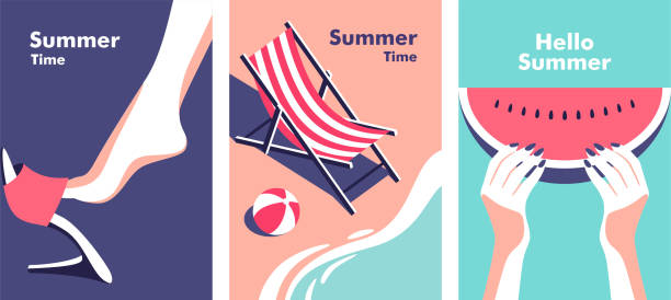 Vacation. Summer party poster design template. Minimalistic style vector illustration. Summer time. Concept of summer party and travel. Perfect background on the theme of season vacation, weekend, beach. Vector illustration in minimalistic style for posters, cover art, flyer, banner. beach wallpaper stock illustrations