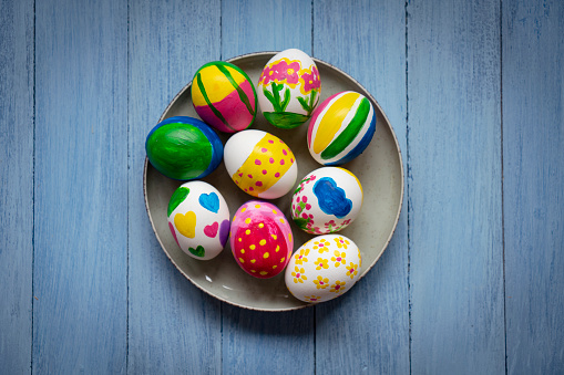 Easter eggs arranged on a plate, spring decor, DIY holiday centerpiece, festive breakfast