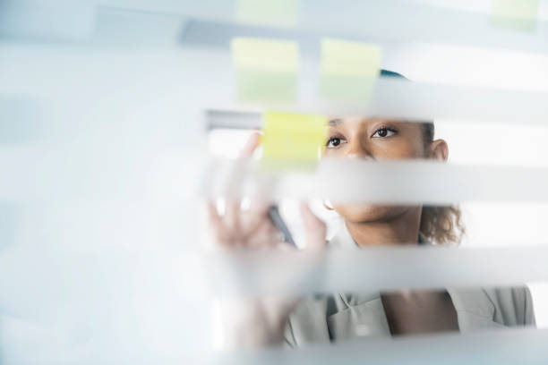 istock Businesswoman writing on adhesive notes stuck on glass wall 1471419709