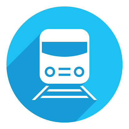 Train flat icon. long shadow design. blue background.