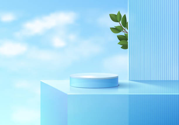 istock 3D realistic blue crystal glass cylinder pedestal podium with green leaf and sky background. Minimal wall scene mockup product stage showcase, Banner promotion display. Abstract vector geometric forms 1471422120