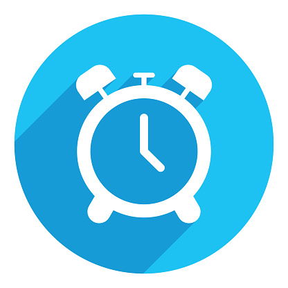 Alarm clock. flat icon. long shadow design. blue background.