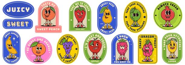 ilustrações, clipart, desenhos animados e ícones de rótulos retro com frutas groovy da moda. patches modernos com personagens de desenhos animados retrô. comida saudável, frases cômicas. nostalgia da estética vintage e dos anos 80-90-2000. - patchwork