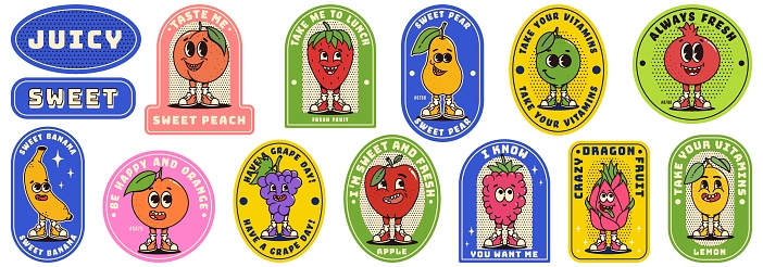 Retro labels with trendy groovy fruits. Modern patches with retro cartoon characters. Healthy food, comical phrases. Nostalgia for vintage aesthetics and 80s-90s-2000s.