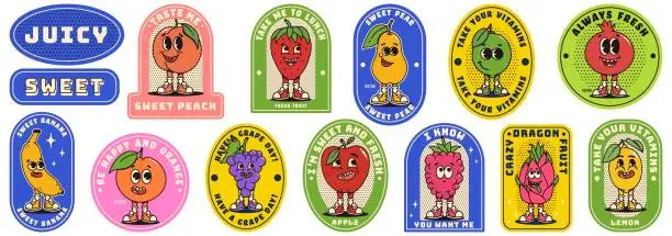 Vector illustration of Retro labels with trendy groovy fruits. Modern patches with retro cartoon characters. Healthy food, comical phrases. Nostalgia for vintage aesthetics and 80s-90s-2000s.